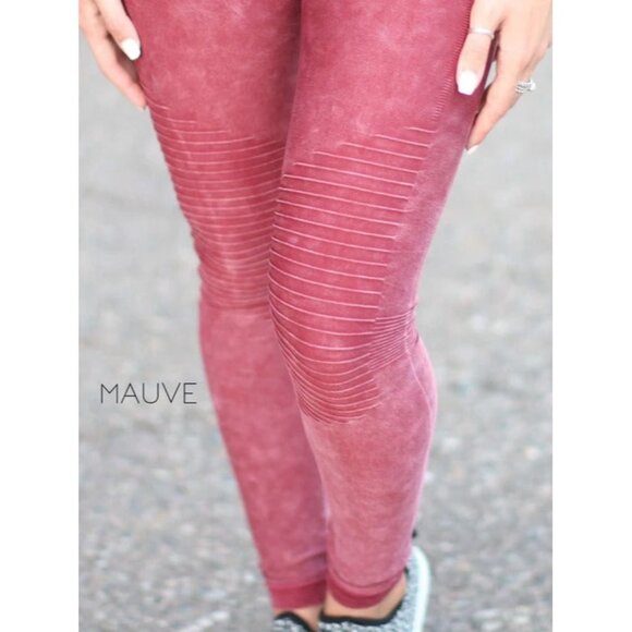 Soft Stretchy Moto Leggings - Acid Wash Mauve Pink - Picture 1 of 9